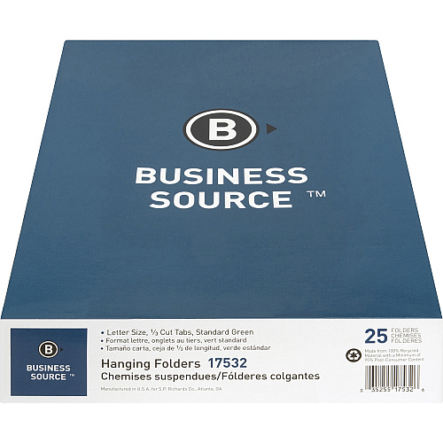 Business Source 1/3 Tab Cut Letter Recycled Hanging Folder 8 1/2" x 11" - 11 pt. - Standard Green - Acid-free - 100% Recycled - 25 / Box (BSN17532)