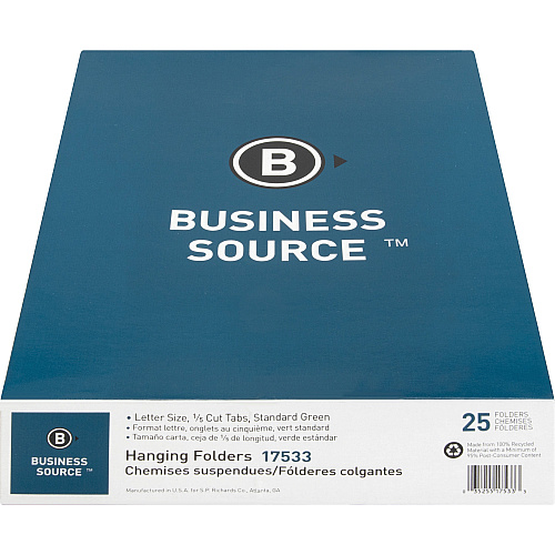 Business Source 1/5 Tab Cut Letter Recycled Hanging Folder 8 1/2" x 11" - 11 pt. - Green - Acid-free - 100% Recycled - 25 / Box (BSN17533)