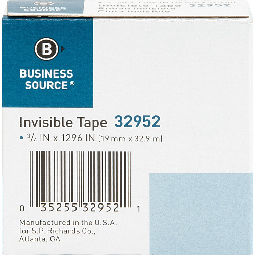 Business Source Invisible Tape Dispenser Refill Roll 36 yd Length x 0.75" Width - 1" Core - Clear - For Mending, Splicing, Holding - 1 Roll (BSN32952)