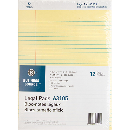 Business Source Micro-Perforated Legal Ruled Pads 50 Sheets - 0.34" Ruled - 16 lb Basis Weight - 8 1/2" x 11 3/4" Sheet Size - Canary Paper - Micro Perforated, Easy Tear, Sturdy Back - 1 Dozen (BSN63105)