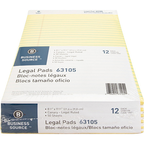 Business Source Micro-Perforated Legal Ruled Pads 50 Sheets - 0.34" Ruled - 16 lb Basis Weight - 8 1/2" x 11 3/4" Sheet Size - Canary Paper - Micro Perforated, Easy Tear, Sturdy Back - 1 Dozen (BSN63105)