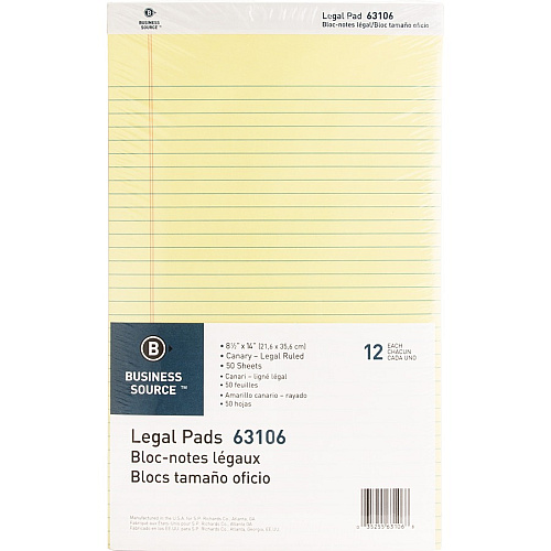 Business Source Legal Pads 50 Sheets - 0.34" Ruled - 16 lb Basis Weight - Legal - 8 1/2" x 14" Sheet Size - Canary Paper - Micro Perforated, Easy Tear, Sturdy Back - 1 Dozen (BSN63106)
