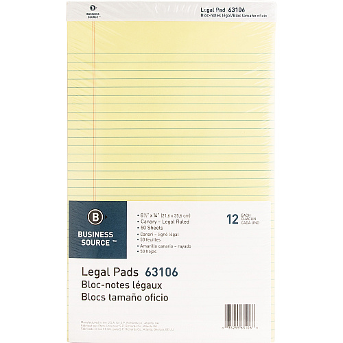 Business Source Legal Pads 50 Sheets - 0.34" Ruled - 16 lb Basis Weight - Legal - 8 1/2" x 14" Sheet Size - Canary Paper - Micro Perforated, Easy Tear, Sturdy Back - 1 Dozen (BSN63106)