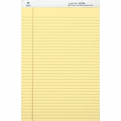 Business Source Legal Pads 50 Sheets - 0.34" Ruled - 16 lb Basis Weight - Legal - 8 1/2" x 14" Sheet Size - Canary Paper - Micro Perforated, Easy Tear, Sturdy Back - 1 Dozen (BSN63106)