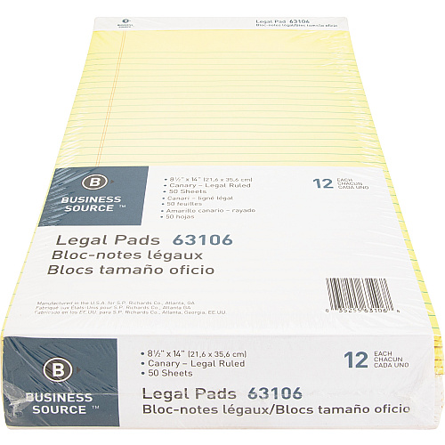 Business Source Legal Pads 50 Sheets - 0.34" Ruled - 16 lb Basis Weight - Legal - 8 1/2" x 14" Sheet Size - Canary Paper - Micro Perforated, Easy Tear, Sturdy Back - 1 Dozen (BSN63106)