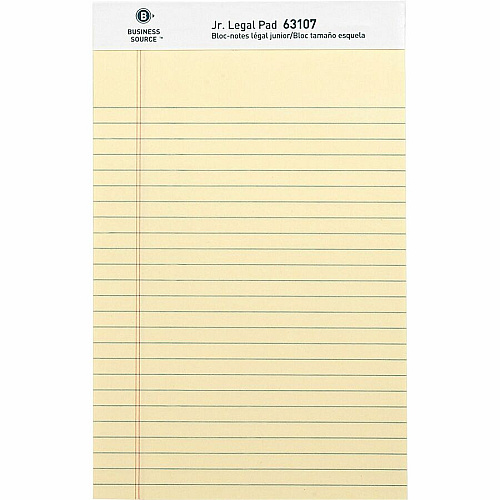 Business Source Writing Pads 50 Sheets - 0.28" Ruled - 16 lb Basis Weight - Jr.Legal - 8" x 5" Sheet Size - Canary Paper - Micro Perforated, Easy Tear, Sturdy Back - 1 Dozen (BSN63107)