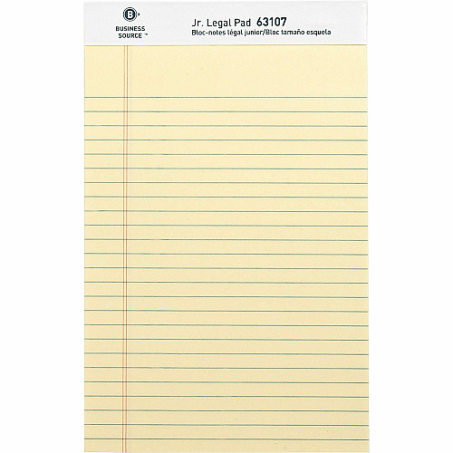 Business Source Writing Pads 50 Sheets - 0.28" Ruled - 16 lb Basis Weight - Jr.Legal - 8" x 5" Sheet Size - Canary Paper - Micro Perforated, Easy Tear, Sturdy Back - 1 Dozen (BSN63107)
