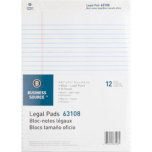 Business Source Micro-Perforated Legal Ruled Pads 50 Sheets - 0.34" Ruled - 16 lb Basis Weight - 8 1/2" x 11 3/4" Sheet Size - White Paper - Micro Perforated, Easy Tear, Sturdy Back - 1 Dozen (BSN63108)