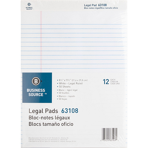 Business Source Micro-Perforated Legal Ruled Pads 50 Sheets - 0.34" Ruled - 16 lb Basis Weight - 8 1/2" x 11 3/4" Sheet Size - White Paper - Micro Perforated, Easy Tear, Sturdy Back - 1 Dozen (BSN63108)