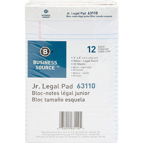 Business Source Writing Pads 50 Sheets - 0.28" Ruled - 16 lb Basis Weight - Jr.Legal - 8" x 5" Sheet Size - White Paper - Micro Perforated, Easy Tear, Sturdy Back - 1 Dozen (BSN63110)