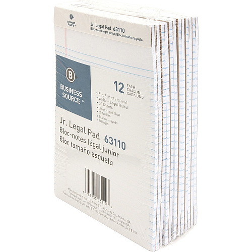 Business Source Writing Pads 50 Sheets - 0.28" Ruled - 16 lb Basis Weight - Jr.Legal - 8" x 5" Sheet Size - White Paper - Micro Perforated, Easy Tear, Sturdy Back - 1 Dozen (BSN63110)