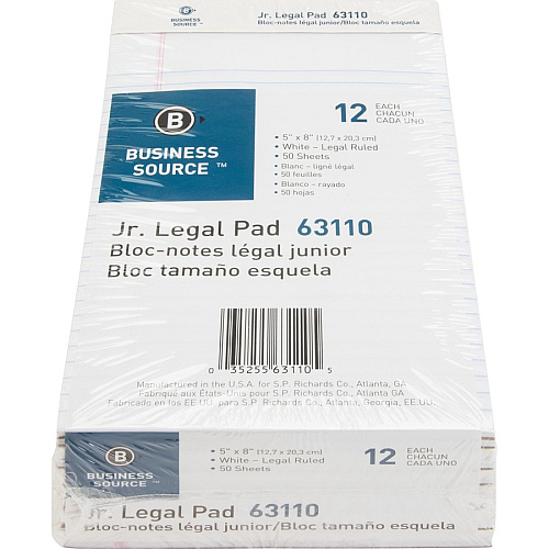 Business Source Writing Pads 50 Sheets - 0.28" Ruled - 16 lb Basis Weight - Jr.Legal - 8" x 5" Sheet Size - White Paper - Micro Perforated, Easy Tear, Sturdy Back - 1 Dozen (BSN63110)