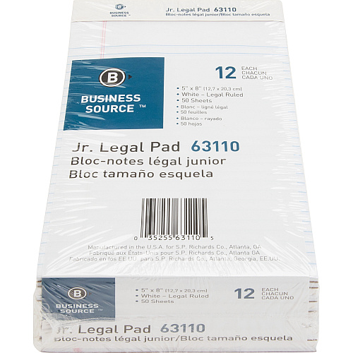 Business Source Writing Pads 50 Sheets - 0.28" Ruled - 16 lb Basis Weight - Jr.Legal - 8" x 5" Sheet Size - White Paper - Micro Perforated, Easy Tear, Sturdy Back - 1 Dozen (BSN63110)