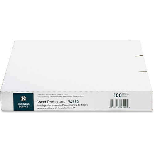 Business Source Top-Loading Poly Sheet Protectors 3.3 mil Thickness - For Letter 8 1/2" x 11" Sheet - 3 x Holes - Ring Binder - Rectangular - Clear - Polypropylene - 100 / Box (BSN74550)