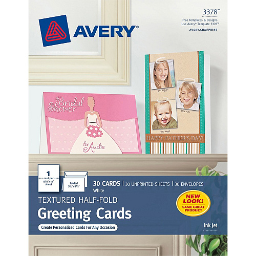 Avery&reg; Half-Fold Greeting Cards, Textured, Uncoated, 5-1/2" x 8-1/2" , 30 Cards (3378) 5 1/2" x 8 1/2" - Textured - Uncoated, Heavyweight - White - 30/Pack - 6 / Carton (03378)