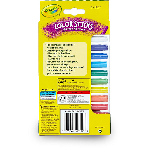 Crayola 12 Color Sticks Woodless Colored Pencils Red, Red Orange, Orange, Yellow, Yellow Green, Green, Sky Blue, Blue, Violet, Brown, Black, ... Lead - 12 / Set (682312)