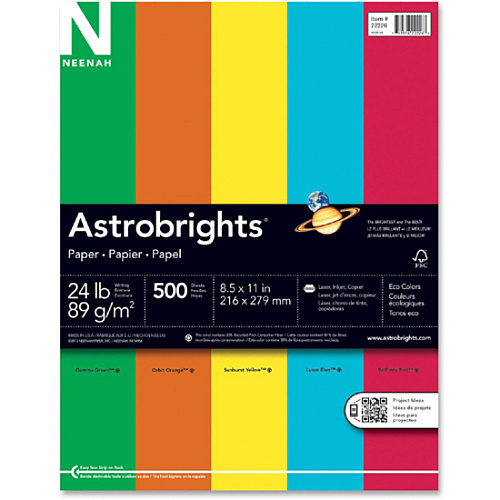 Astrobrights Color Paper - Assorted Letter - 8 1/2" x 11" - 24 lb Basis Weight - Green Seal - Acid-free, Lignin-free - Gamma Green, Re-entry Red, Orbit Orange, Sunburst Yellow - 500 / Ream (22226)