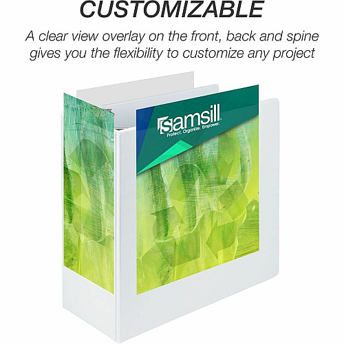 Samsill Earth's Choice Plant-based Durable View Binder 5" Binder Capacity - Letter - 8 1/2" x 11" Sheet Size - 1070 Sheet Capacity - Fastener(s): D-Ring - Pocket(s): 2 - Plastic, Chipboard - White - 1.76 lb - Recycled - Archival-safe, Clear Overla (16907)