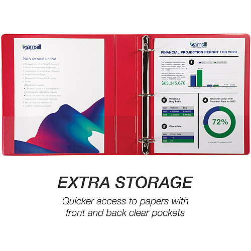 Samsill Economy 1-1/2" Round Ring View Binders 1 1/2" Binder Capacity - Letter - 8 1/2" x 11" Sheet Size - 350 Sheet Capacity - 3 x Round Ring Fastener(s) - 2 Internal Pocket(s) - Polypropylene, Chipboard - Red - 14.72 oz - Recycled - Exposed Rive (18553)