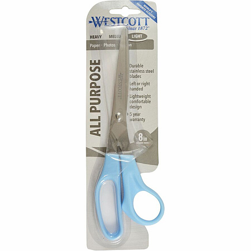 Westcott All Purpose 8" Stainless Steel Straight Scissors 8" Overall Length - Straight-left/right - Stainless Steel - Pointed Tip - Blue - 1 Each (13151)