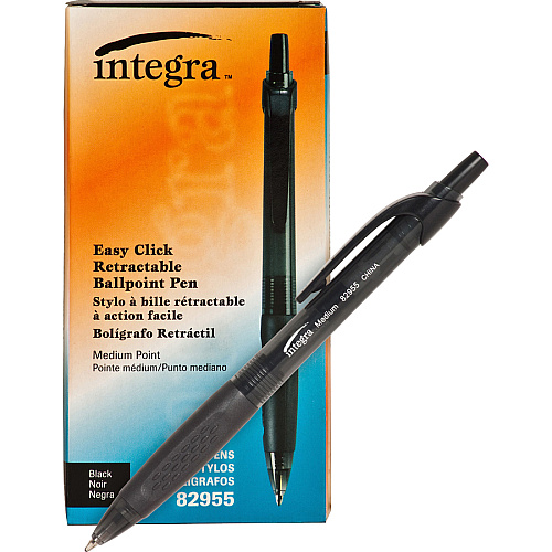 Integra Easy Click Retractable Ballpoint Pen Medium Pen Point - Retractable - Black Ink - Black Barrel - 1 Dozen (82955)