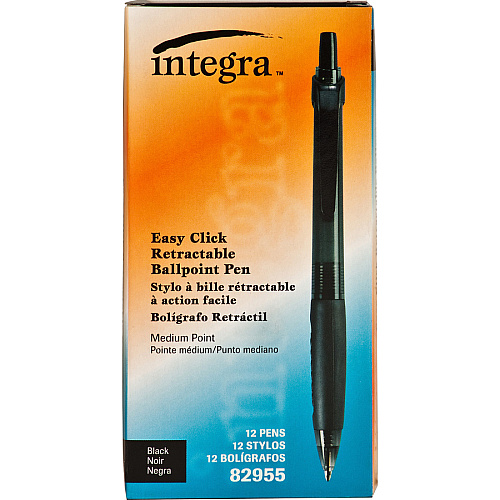 Integra Easy Click Retractable Ballpoint Pen Medium Pen Point - Retractable - Black Ink - Black Barrel - 1 Dozen (82955)