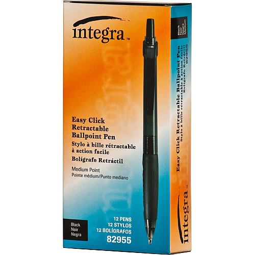 Integra Easy Click Retractable Ballpoint Pen Medium Pen Point - Retractable - Black Ink - Black Barrel - 1 Dozen (82955)