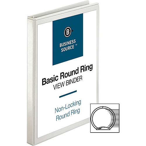 Business Source Round-ring View Binder 1/2" Binder Capacity - Letter - 8 1/2" x 11" Sheet Size - 125 Sheet Capacity - Fastener(s): Round Ring - Pocket(s): 2, Internal - Polypropylene - White - Wrinkle-free, Gap-free Ring, Clear Overlay, Non Loc (BSN09951)