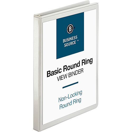 Business Source Round-ring View Binder 1/2" Binder Capacity - Letter - 8 1/2" x 11" Sheet Size - 125 Sheet Capacity - Fastener(s): Round Ring - Pocket(s): 2, Internal - Polypropylene - White - Wrinkle-free, Gap-free Ring, Clear Overlay, Non Loc (BSN09951)