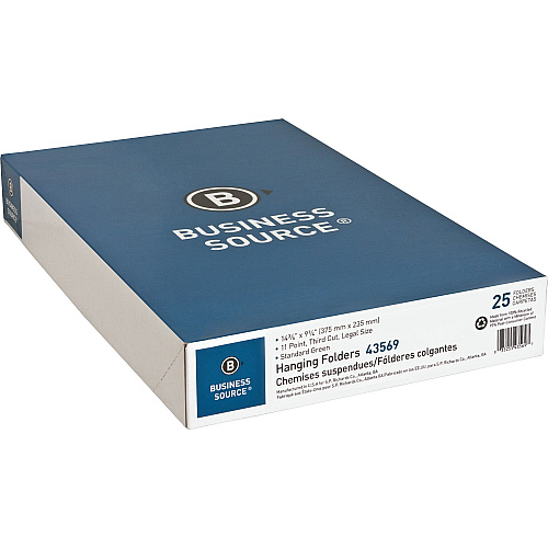 Business Source 1/3 Tab Cut Legal Recycled Hanging Folder 8 1/2" x 14" - 11 pt. - Poly - Green - 100% Recycled - 25 / Box (BSN43569)