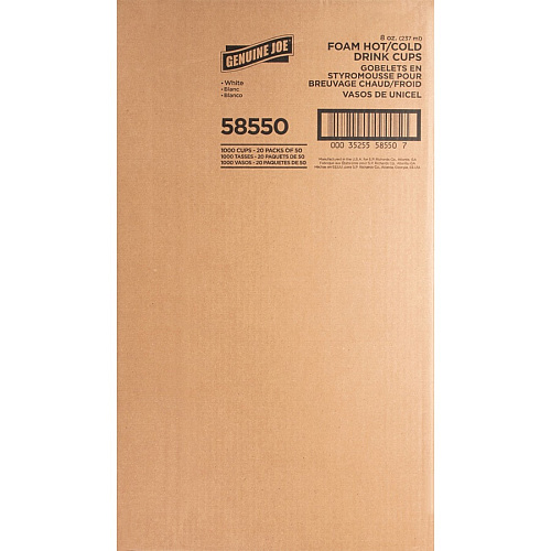 Genuine Joe 8 oz Hot/Cold Foam Cups 8 fl oz - White - Foam - Hot Drink, Cold Drink - 50/Pack - 20 / Carton (GJO58550)