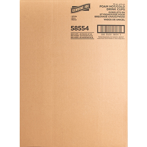 Genuine Joe 16 oz Hot/Cold Foam Cups 16 fl oz - White - Foam - Hot Drink, Cold Drink - 25/Pack - 20 / Carton (GJO58554)