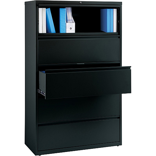 Lorell Fortress Series Lateral File w/Roll-out Posting Shelf 42" Width x 18.6" Depth x 67.7" Height - 5 x Drawer(s) for File - Letter, Legal, A4 - Lateral - Interlocking, Label Holder, Leveling Glide, Ball-bearing Suspension - Black - Recycled (LLR60550)