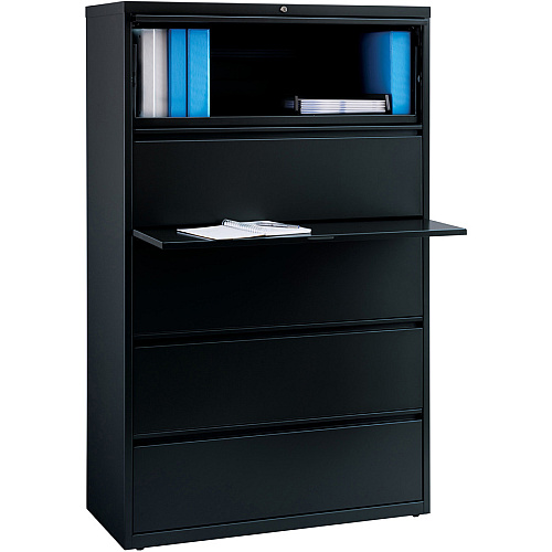 Lorell Fortress Series Lateral File w/Roll-out Posting Shelf 42" Width x 18.6" Depth x 67.7" Height - 5 x Drawer(s) for File - Letter, Legal, A4 - Lateral - Interlocking, Label Holder, Leveling Glide, Ball-bearing Suspension - Black - Recycled (LLR60550)