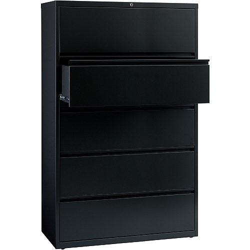 Lorell Fortress Series Lateral File w/Roll-out Posting Shelf 42" Width x 18.6" Depth x 67.7" Height - 5 x Drawer(s) for File - Letter, Legal, A4 - Lateral - Interlocking, Label Holder, Leveling Glide, Ball-bearing Suspension - Black - Recycled (LLR60550)