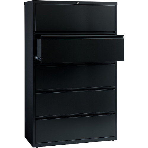 Lorell Fortress Series Lateral File w/Roll-out Posting Shelf 42" Width x 18.6" Depth x 67.7" Height - 5 x Drawer(s) for File - Letter, Legal, A4 - Lateral - Interlocking, Label Holder, Leveling Glide, Ball-bearing Suspension - Black - Recycled (LLR60550)