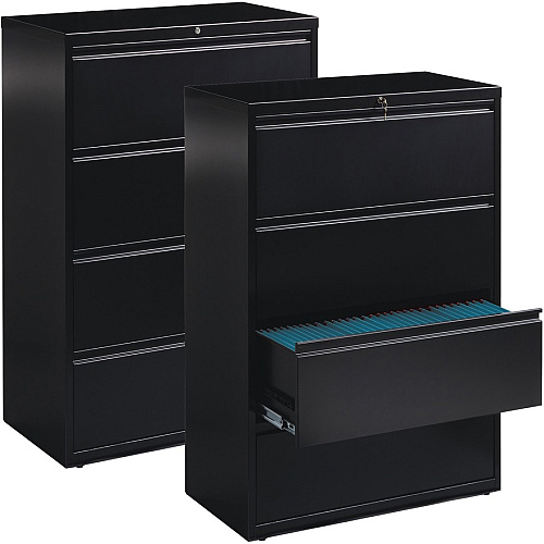 Lorell Fortress Series Lateral File 36" Width x 18.6" Depth x 52.5" Height - 4 x Drawer(s) for File - Letter, Legal, A4 - Lateral - Ball-bearing Suspension, Leveling Glide, Label Holder, Interlocking - Black - Steel - Recycled (LLR60553)