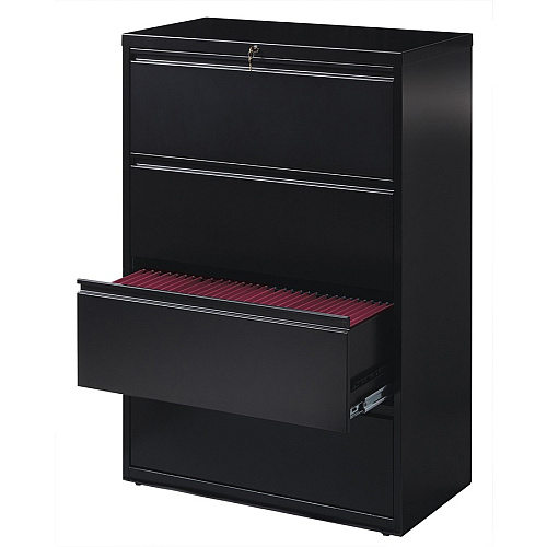 Lorell Fortress Series Lateral File 36" Width x 18.6" Depth x 52.5" Height - 4 x Drawer(s) for File - Letter, Legal, A4 - Lateral - Ball-bearing Suspension, Leveling Glide, Label Holder, Interlocking - Black - Steel - Recycled (LLR60553)