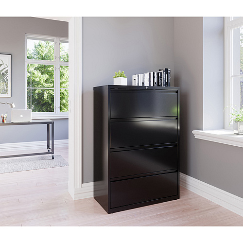 Lorell Fortress Series Lateral File 36" Width x 18.6" Depth x 52.5" Height - 4 x Drawer(s) for File - Letter, Legal, A4 - Lateral - Ball-bearing Suspension, Leveling Glide, Label Holder, Interlocking - Black - Steel - Recycled (LLR60553)