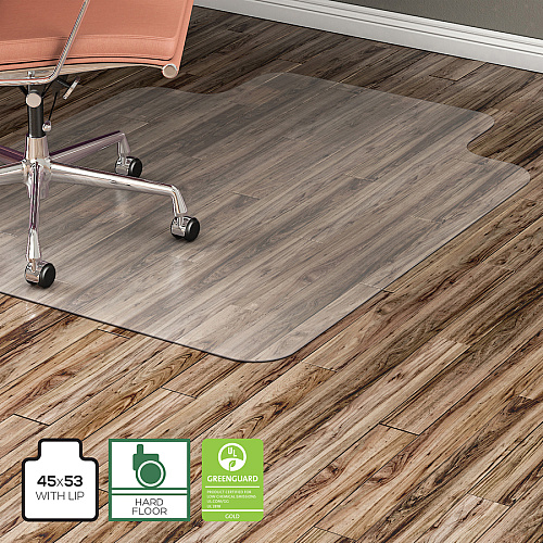 Lorell Wide Lip Chairmat Hard Floor, Wood Floor, Vinyl Floor, Tile Floor - 53" Length x 45" Width x 0.095" Thickness - Lip Size 12" Length x 25" Width - Vinyl - Clear - 1 Each (LLR69167)