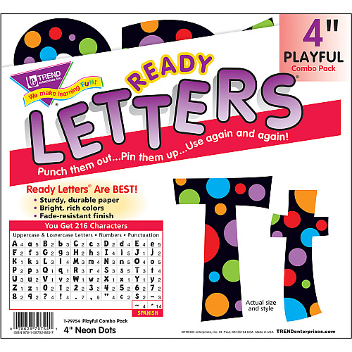 Trend Ready Letter Neon Dots 83 x Lowercase Letters, 20 x Numbers, 36 x Punctuation Marks, 59 x Uppercase Letters, 18 x Spanish Accent Mark Shape - Pin-up - 4" Height x 8" Length - Assorted - 1 Pack (79754)