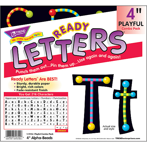 Trend 4" Ready Letter Alphabeads 59 x Uppercase Letters, 20 x Numbers, 38 x Punctuation Marks, 83 x Lowercase Letters, 18 x Spanish Accent Mark Shape - Pin-up - 4" Height x 8" Length - Assorted - 216 / Pack (79755)