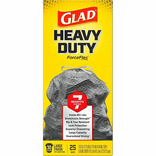Glad ForceFlexPlus Large Drawstring Trash Bags Large Size - 30 gal Capacity - 24.88" Length x 24.02" Width - Drawstring Closure - Black - Home, Office, Can - 25/Box - 1 Each (70359)