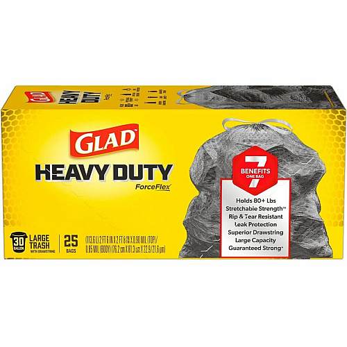 Glad ForceFlexPlus Large Drawstring Trash Bags Large Size - 30 gal Capacity - 24.88" Length x 24.02" Width - Drawstring Closure - Black - Home, Office, Can - 25/Box - 1 Each (70359)