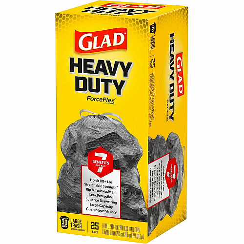 Glad ForceFlexPlus Large Drawstring Trash Bags Large Size - 30 gal Capacity - 24.88" Length x 24.02" Width - Drawstring Closure - Black - Home, Office, Can - 25/Box - 1 Each (70359)