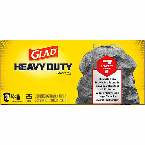 Glad ForceFlexPlus Large Drawstring Trash Bags Large Size - 30 gal Capacity - 24.88" Length x 24.02" Width - Drawstring Closure - Black - Home, Office, Can - 25/Box - 1 Each (70359)