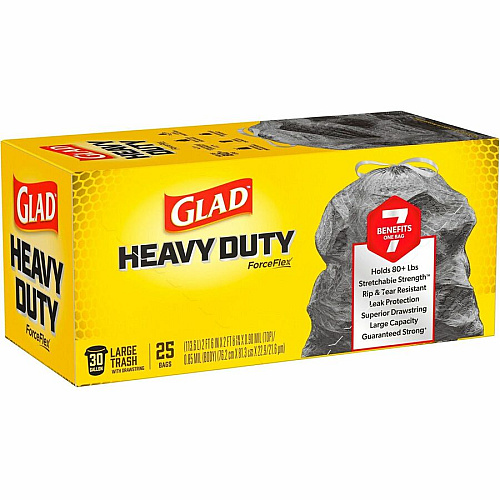 Glad ForceFlexPlus Large Drawstring Trash Bags Large Size - 30 gal Capacity - 24.88" Length x 24.02" Width - Drawstring Closure - Black - Home, Office, Can - 25/Box - 1 Each (70359)