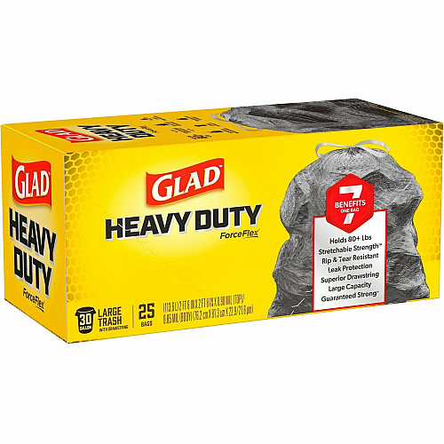 Glad ForceFlexPlus Large Drawstring Trash Bags Large Size - 30 gal Capacity - 24.88" Length x 24.02" Width - Drawstring Closure - Black - Home, Office, Can - 25/Box - 1 Each (70359)
