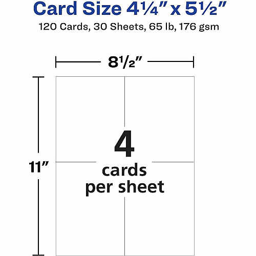 Avery(R) Printable Postcards, 4.25" x 5.5" , Textured White, 120 Blank Postcards for Inkjet and laser Printers (3380) 90 Brightness - 4 1/4" x 5 1/2" - 65 lb Basis Weight - 176 g/m² Grammage - Textured Matte - Rounded Corner, Micro Perforated (03380)