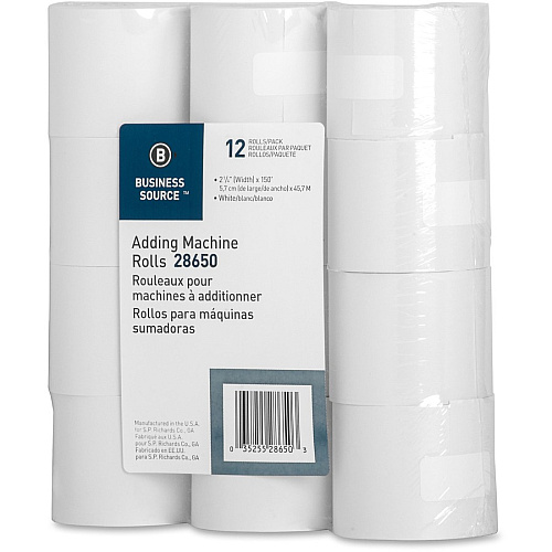Business Source 150' Adding Machine Rolls 2 1/4" x 150 ft - Sustainable Forestry Initiative (SFI) - Lint-free - White - 12 / Pack (BSN28650)